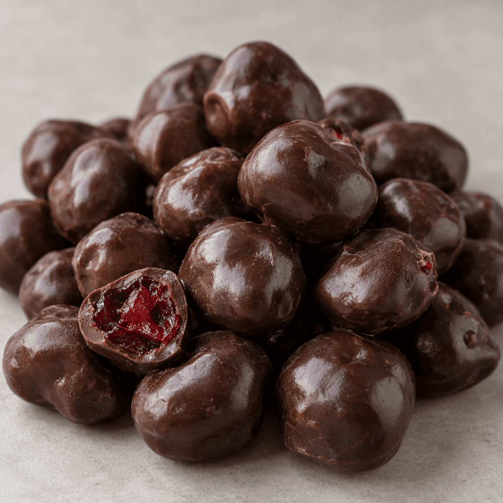 Small, irregularly rounded cranberries are fully coated in dark brown chocolate, with a slightly uneven, softly glossy surface, gathered in a loose pile.