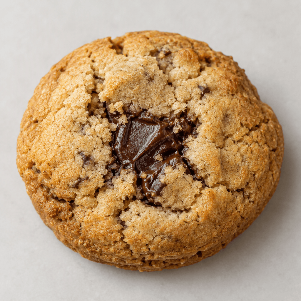 A thick, round golden-brown cookie with a lightly cracked, crumbly surface and a dark chocolate filling visible at its center.