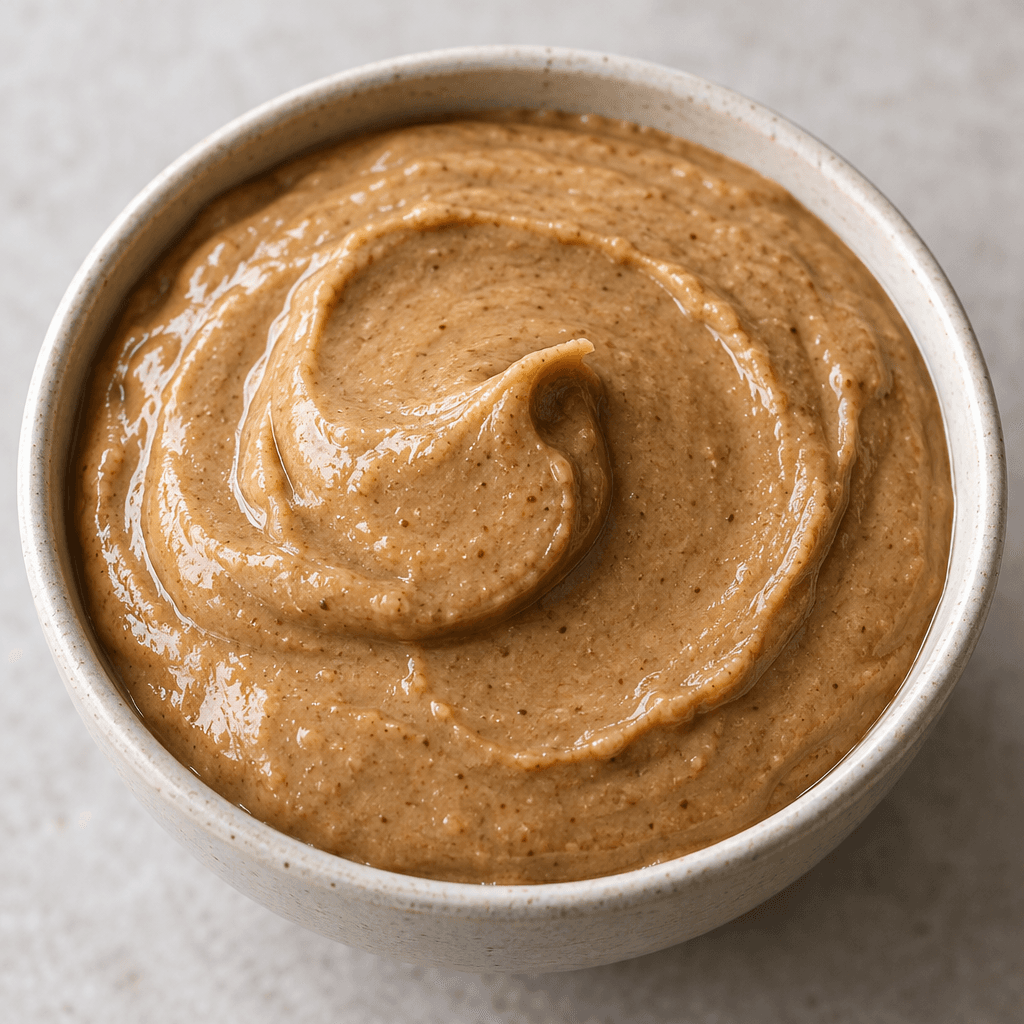 A thick, smooth, light-brown hazelnut paste with a slight sheen and a softly rounded surface.