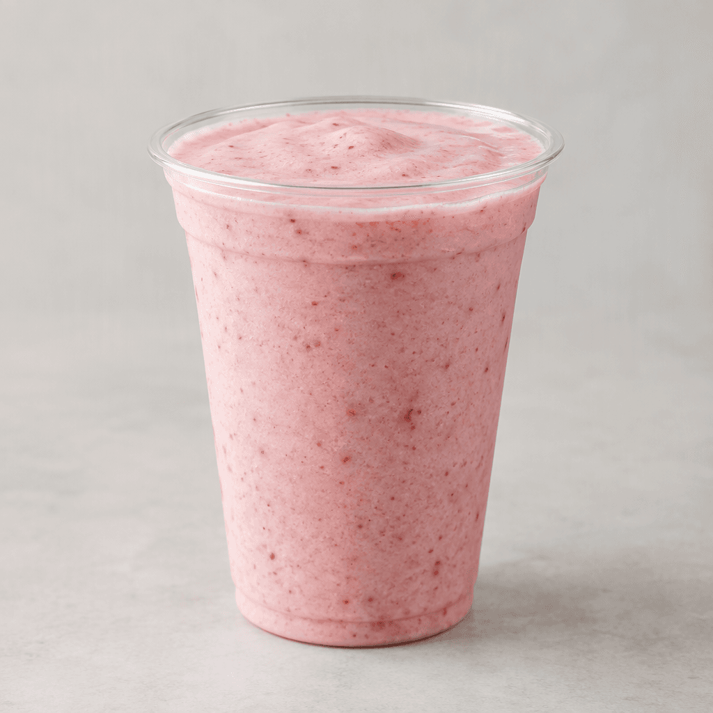 A small serving of smooth, pale-pink frozen yogurt drink with fine red fruit flecks, in a clear cup.
