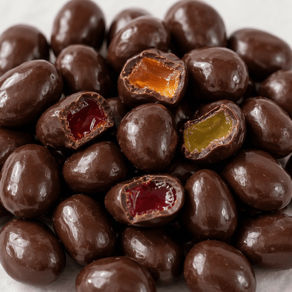 Small, bite-sized chocolate-coated pieces are scattered together, with smooth, glossy dark-brown shells and a few pieces broken open to show bright, translucent fruit-jelly centers.