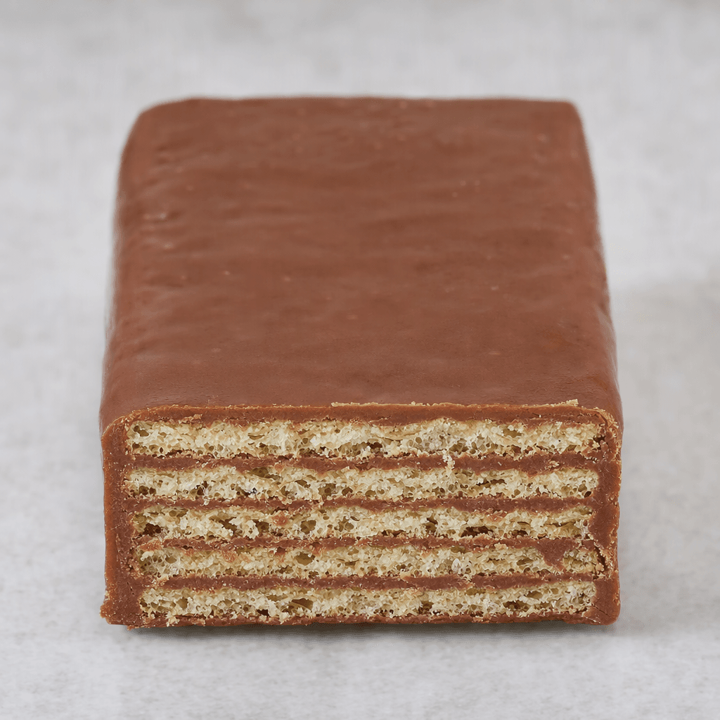 A thick, rectangular wafer bar with a smooth milk-chocolate coating and crisp, pale-golden wafer layers visible at its cut ends.