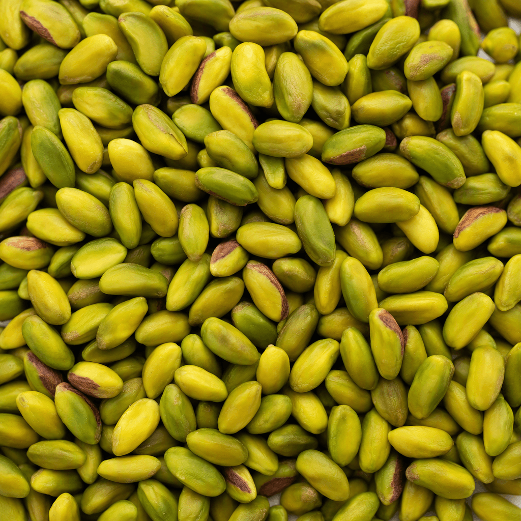 Small, smooth oval pistachio kernels in shades of pale yellow-green to fresh green, some with thin reddish-brown skin along the edges.