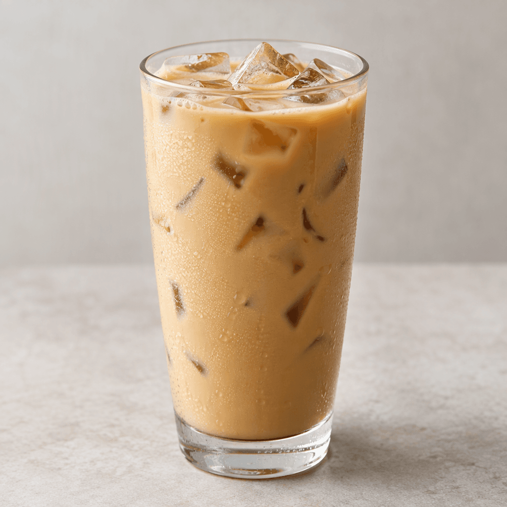 A pale caramel-brown iced coffee drink sits in a tall clear glass, with angular ice cubes visible through the creamy liquid and a light layer of condensation on the outside.