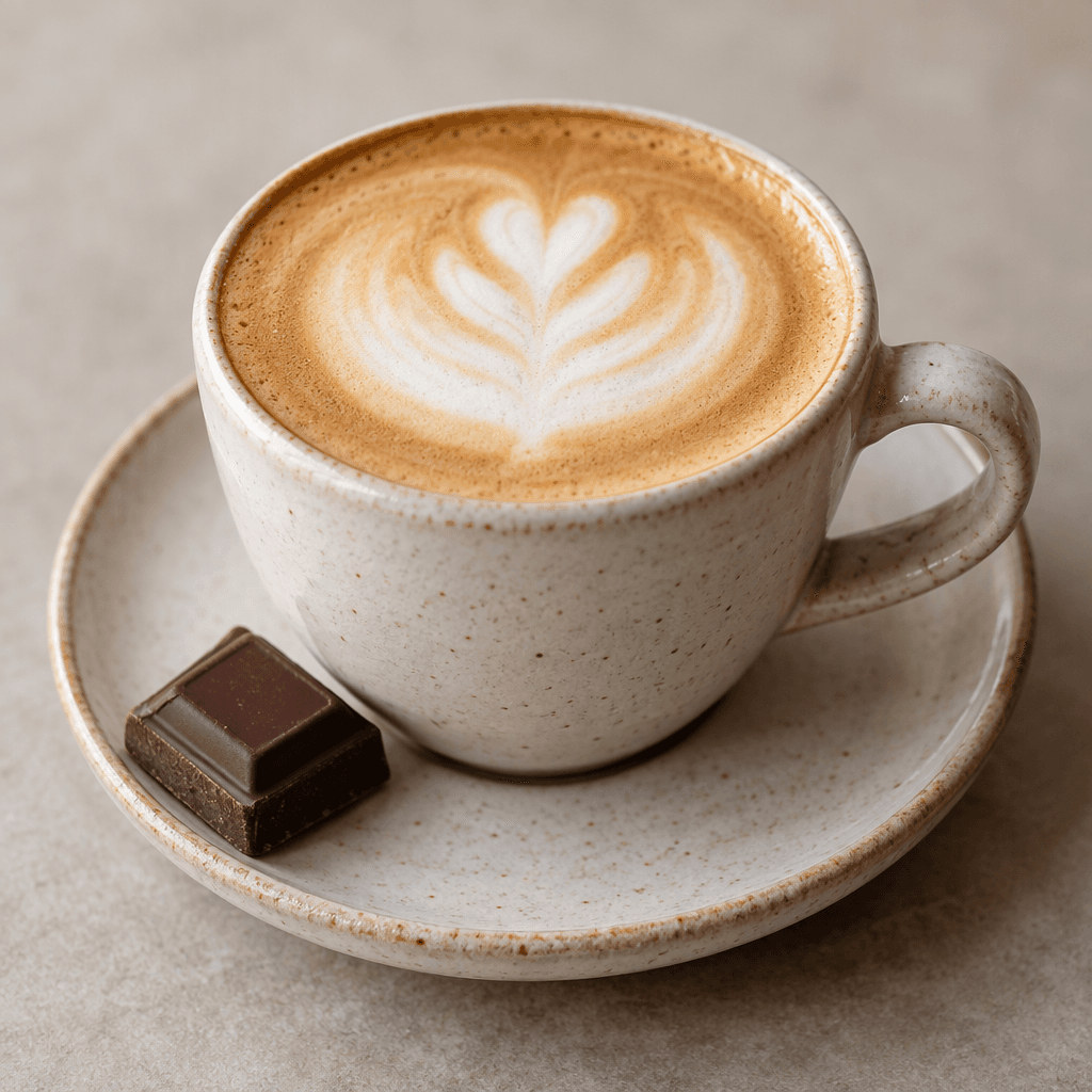 A small flat white in a cup, with creamy light-brown coffee beneath a smooth layer of pale milk foam and a piece of chocolate beside it.