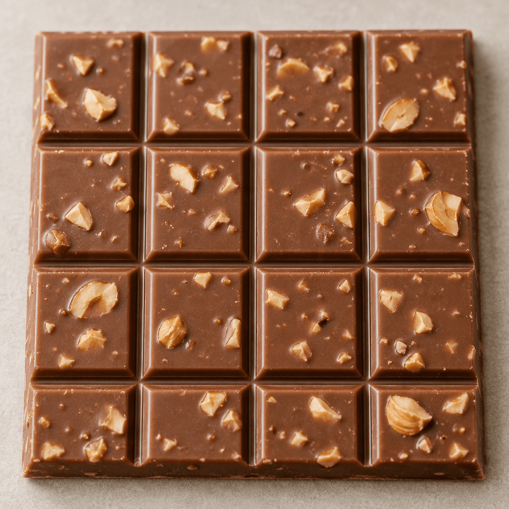 A flat, rectangular milk-chocolate slab is divided into neat sections, with small pieces of hazelnut visible throughout its smooth, medium-brown surface.