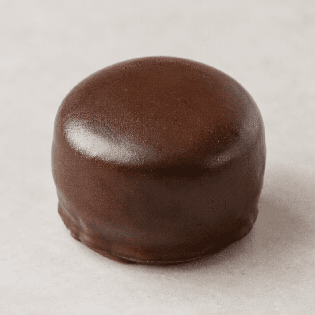 A small, round chocolate confection with a smooth, slightly glossy deep-brown coating and a neat, even surface.