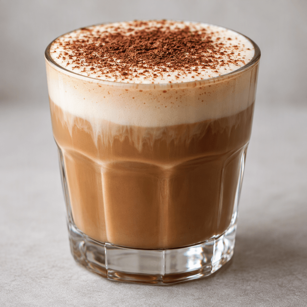 A creamy, coffee-brown drink is served in a clear glass, with a lighter milk-coloured layer and a dusting of cocoa on top.