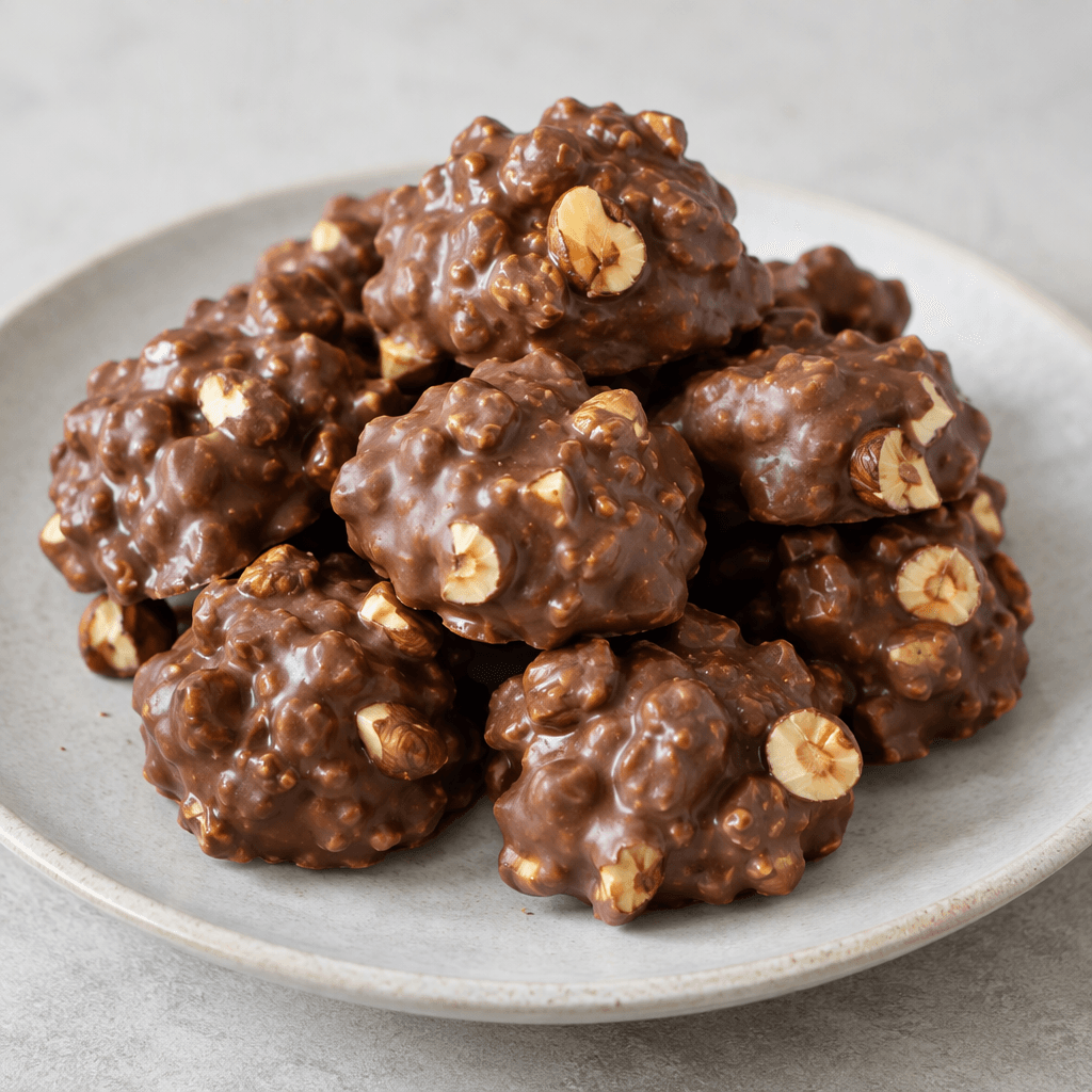 Irregular, rounded clusters of glossy brown chocolate studded with visible golden-brown hazelnut pieces, arranged on a serving plate.