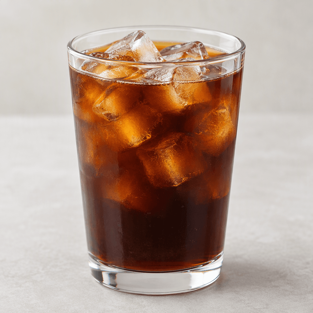 A clear glass filled with dark brown cold brew and several translucent ice cubes, with a smooth surface and no visible garnish.