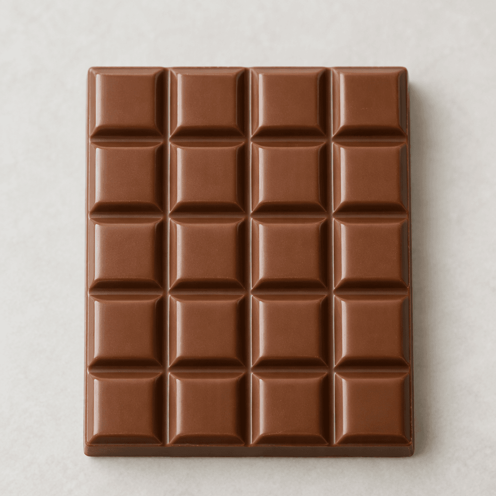 A smooth, medium-brown milk chocolate bar divided into neat rectangular segments, with a soft sheen and clean edges.