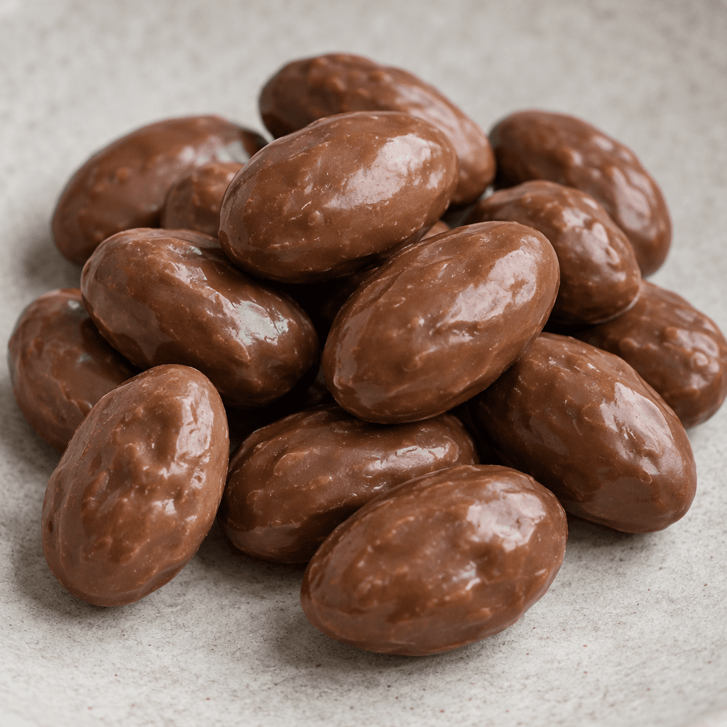 A small pile of oval, slightly irregular almonds coated in smooth medium-brown chocolate, with a few pieces showing faintly uneven surfaces.