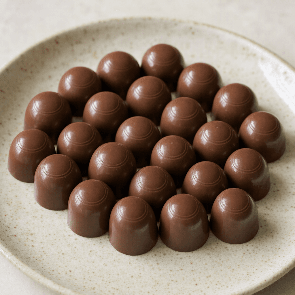 Small, smooth, dome-shaped pieces of glossy brown chocolate are arranged together on a serving surface.