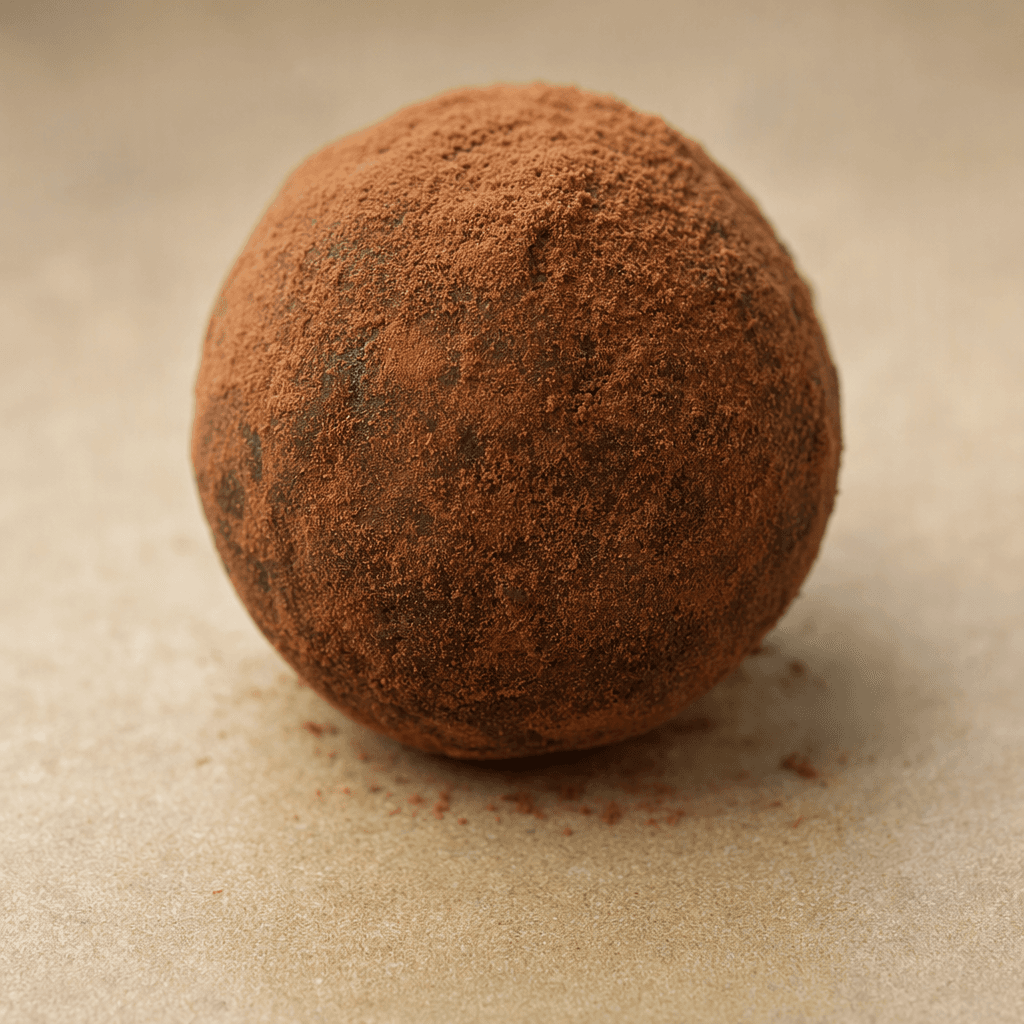 A small, round chocolate truffle with a dark brown, matte surface lightly dusted with cocoa powder.