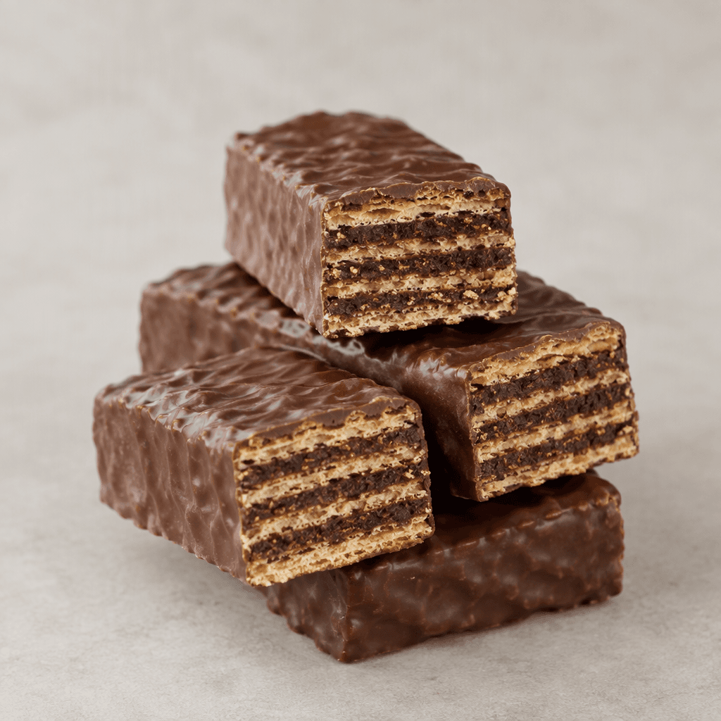 A rectangular chocolate-coated wafer with crisp, thin golden layers and dark coffee-colored filling visible at the cut edges, served in small pieces.