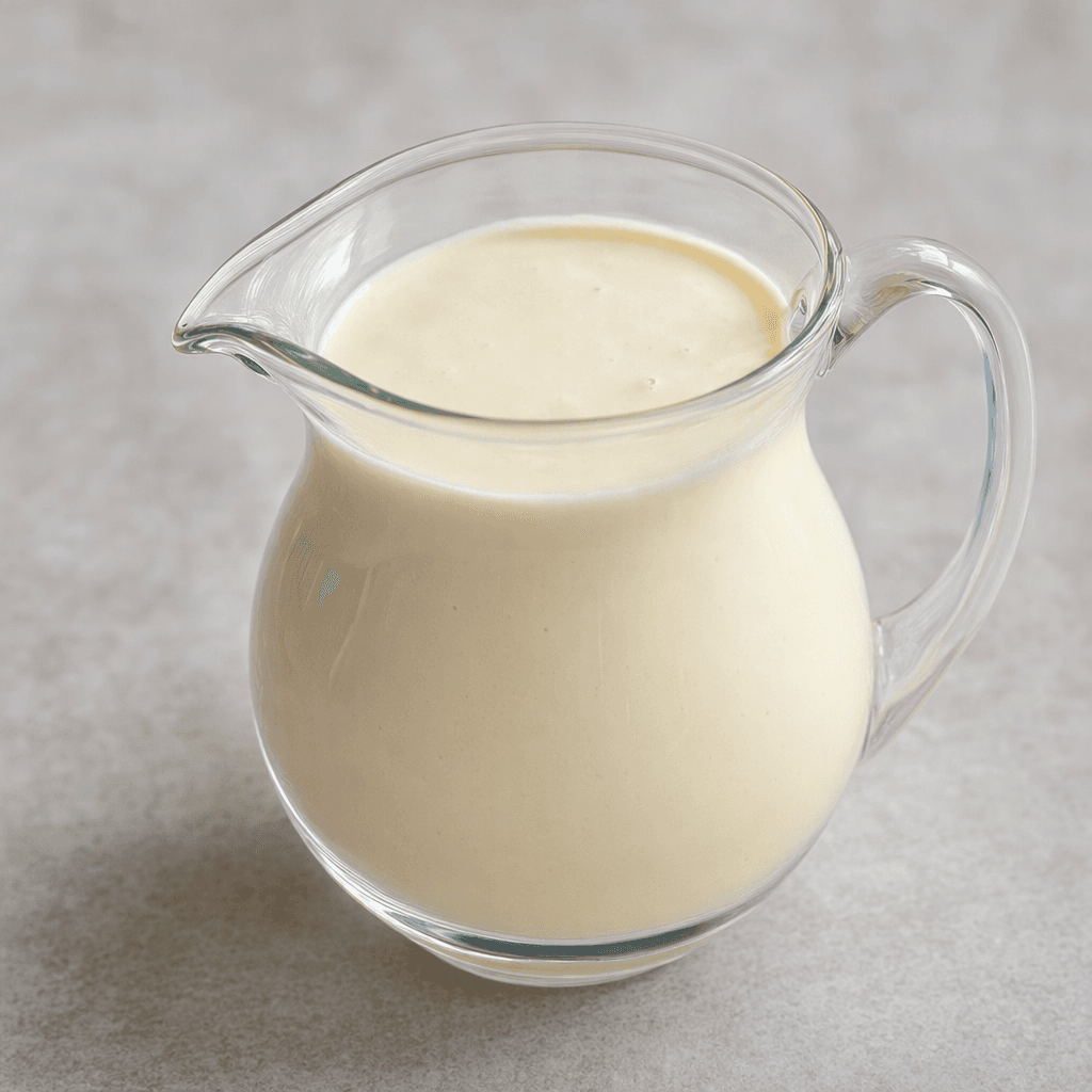 A smooth, opaque pale-ivory liquid with a slightly thick, glossy appearance sits in a small clear creamer pitcher.