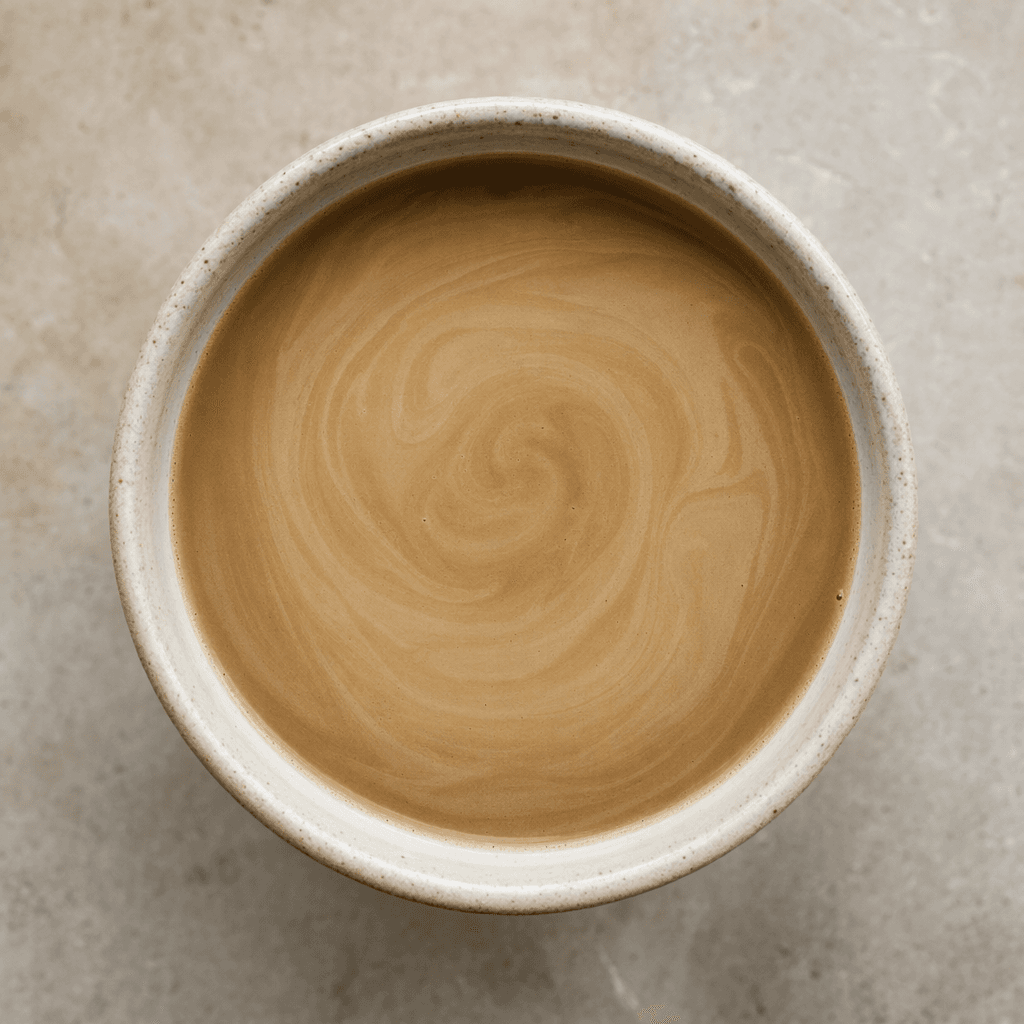 A smooth, light-brown coffee with almond milk fills a cup, with subtle creamy swirls across its surface.