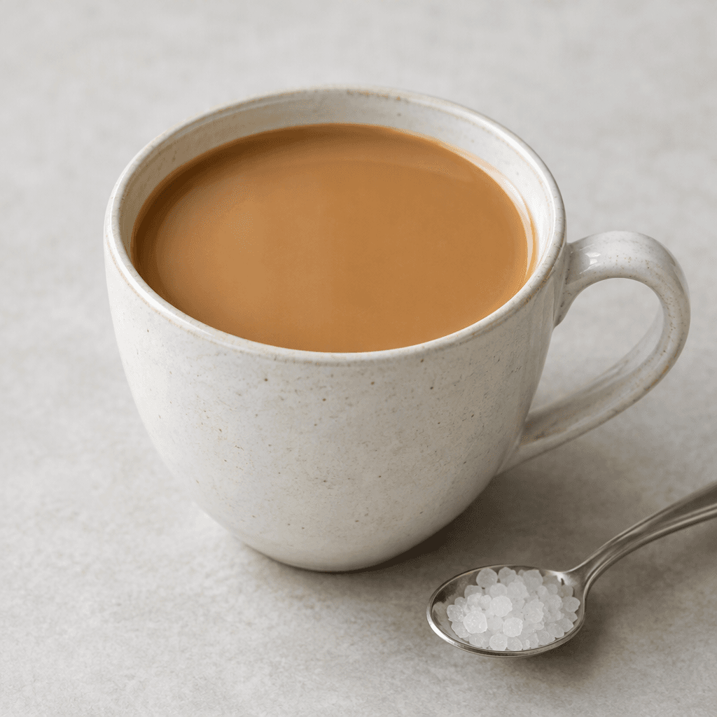 A cup of warm medium-brown coffee lightened with milk, with a smooth surface and a small metal spoon holding a few white sugar crystals beside it.