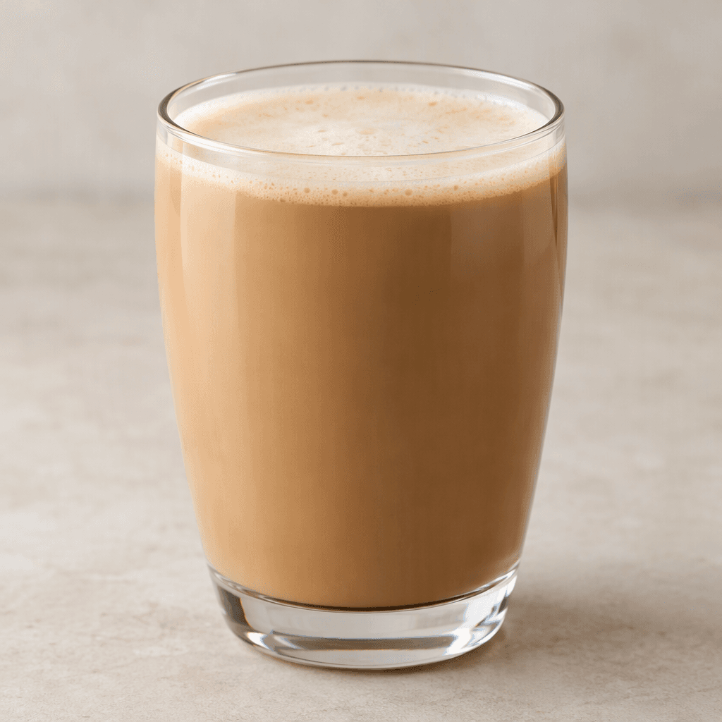 An opaque light coffee-brown drink with a smooth, slightly creamy texture fills a clear glass, with a thin layer of pale foam on the surface.
