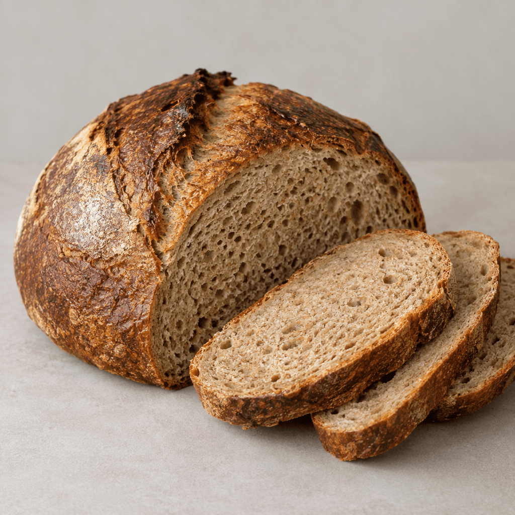 A rustic brown loaf with a deep golden-brown crust, a dense tan crumb, and a few irregular slices arranged beside it on a plain surface.