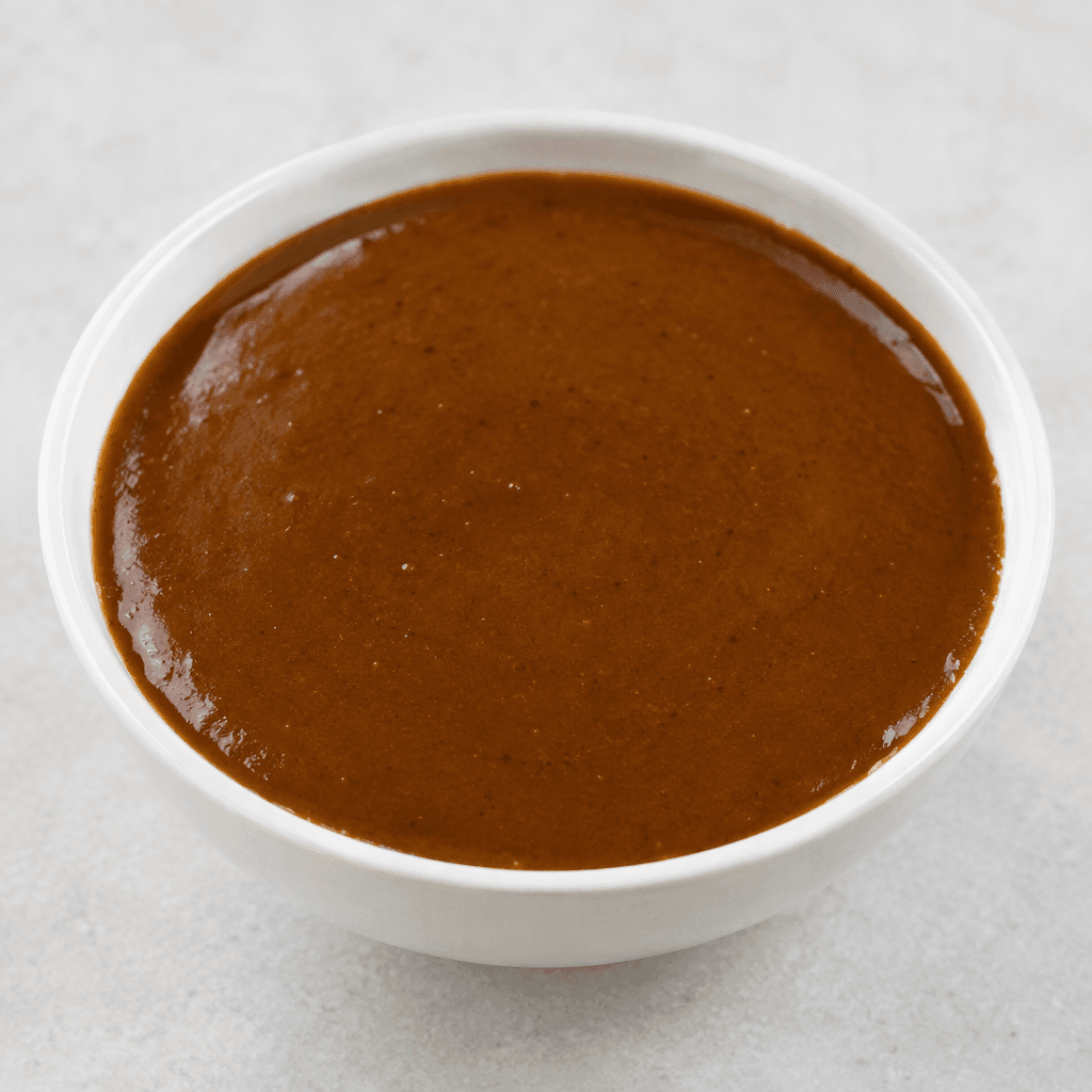 A smooth, glossy medium-to-dark brown sauce with a thick, pourable consistency, served in a shallow bowl with an even surface and gently rounded edges.