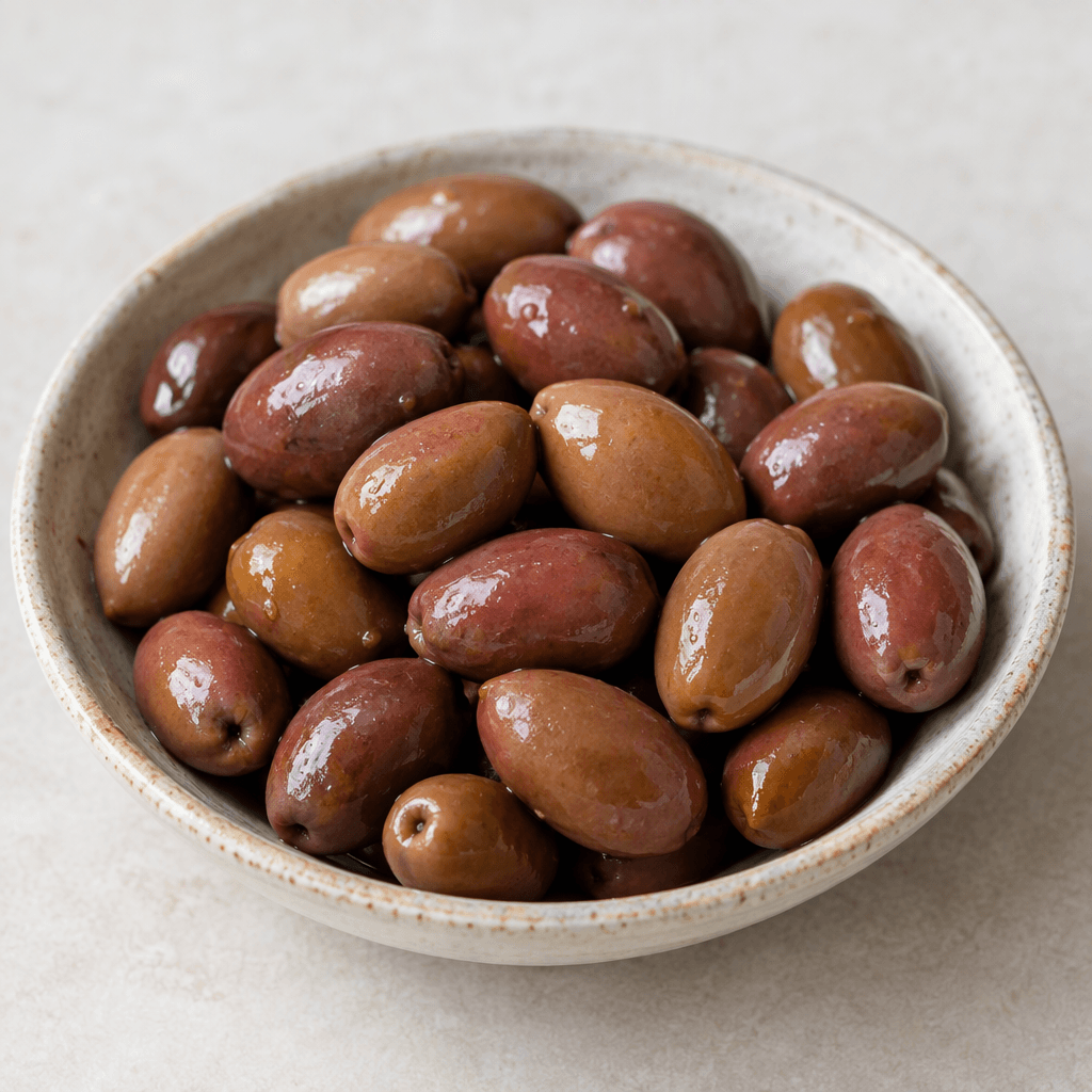 Small oval olives with smooth, slightly glossy skins ranging from muted brown to reddish-brown, shown together in a shallow dish.