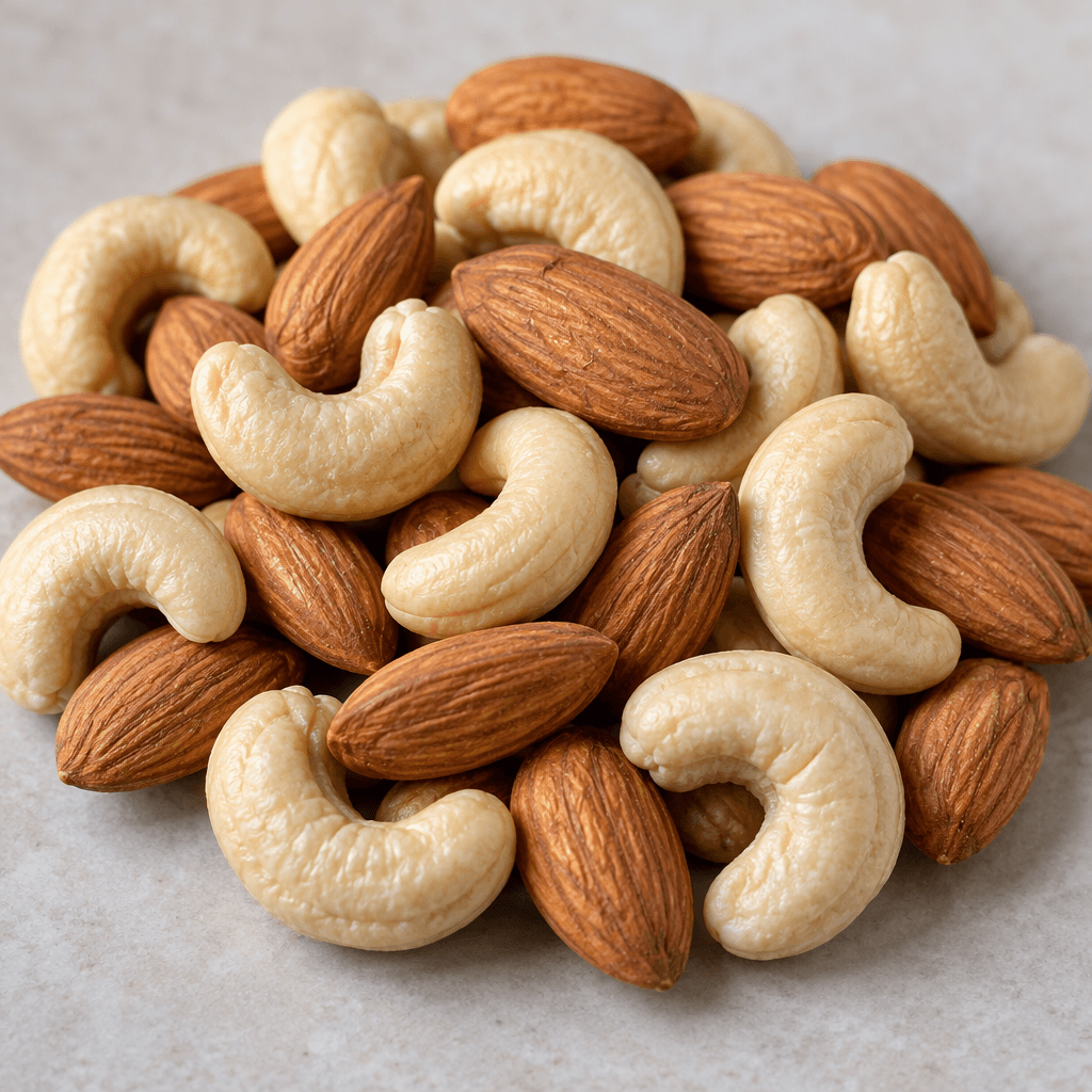 A loose mix of whole, curved ivory cashews and elongated oval almonds with smooth tan-brown skins rests in a small pile.