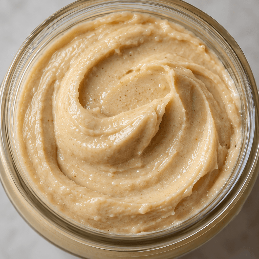A thick, smooth, pale beige nut butter with a slight sheen and soft swirls across its surface.