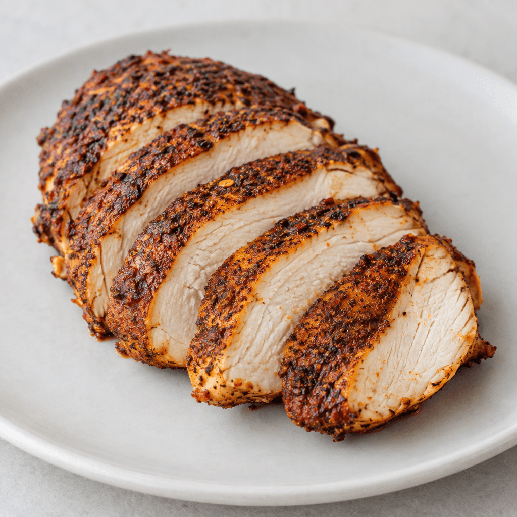 Sliced chicken breast with a deep reddish-brown, speckled crust of Cajun spices, browned edges, and moist pale meat visible inside, arranged on a plain plate.