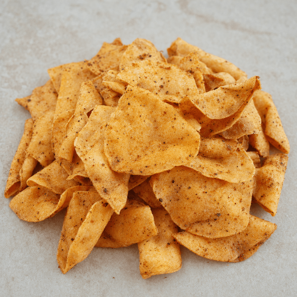 A small pile of thin, crisp, irregularly shaped golden-beige chickpea chips, lightly dusted with reddish-brown seasoning and dark spice flecks.