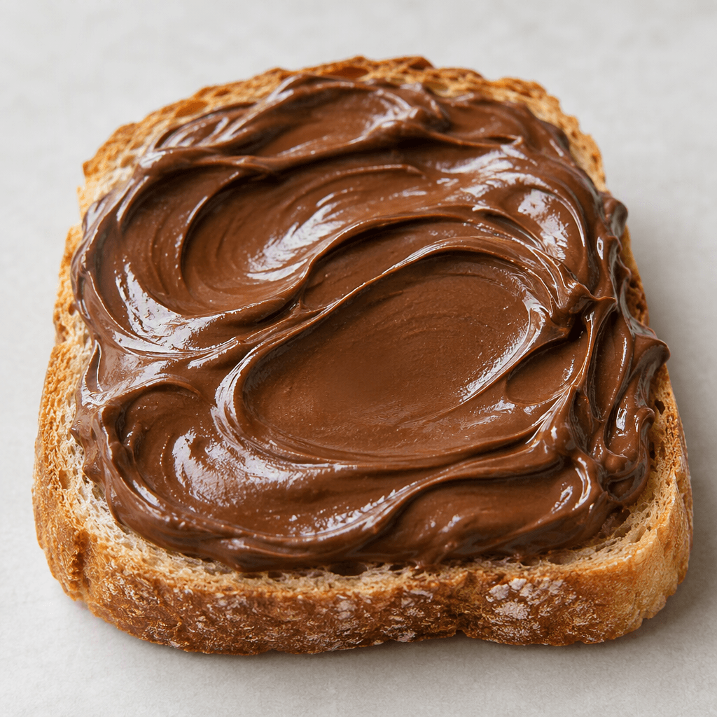 A thick, glossy cocoa-brown spread with a smooth, creamy texture, mounded and swirled across a slice of bread, with soft rounded ridges that catch the light.