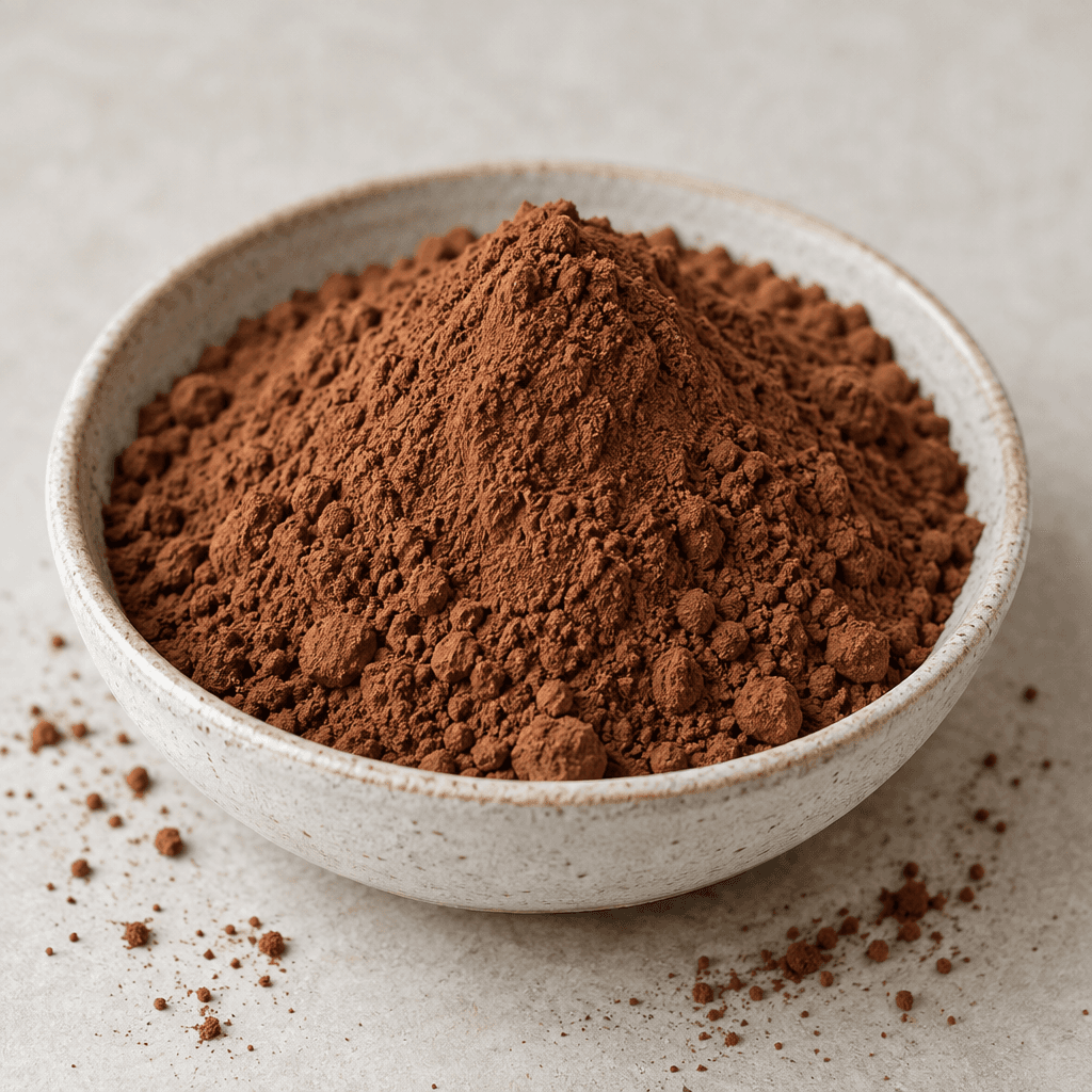 Fine, loose cocoa-brown powder with a matte, velvety texture, gathered in a small mound in a shallow bowl with a few scattered grains around it.