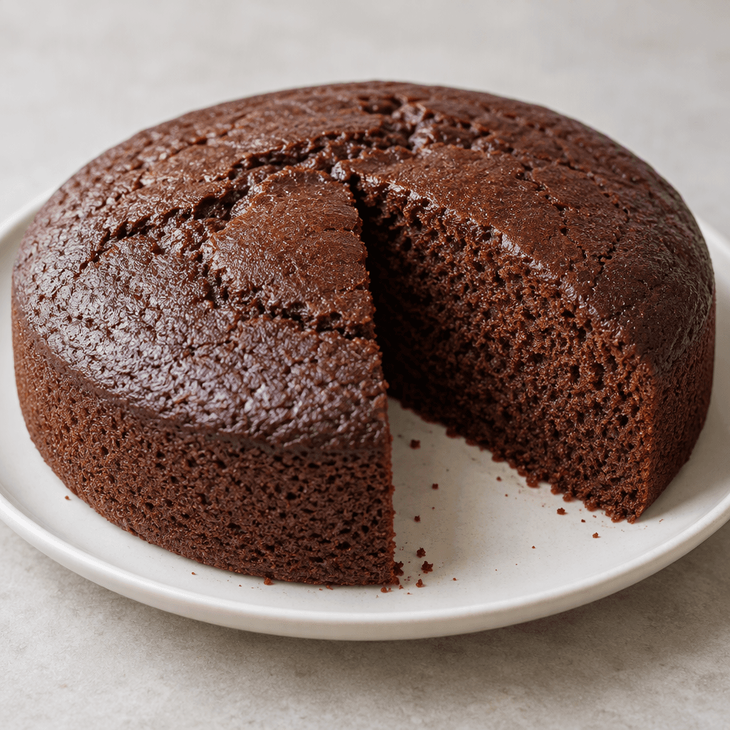 A simple round cocoa cake with a deep brown, slightly domed top and a soft-looking, finely textured brown crumb visible in a cut slice, served on a plain plate.