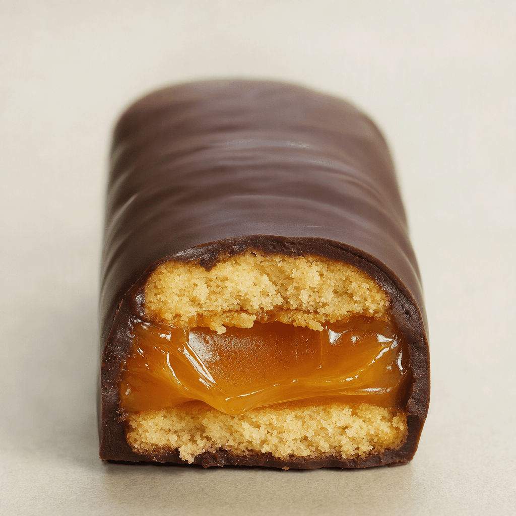 An elongated, rounded rectangular bar coated in smooth dark chocolate, with a broken end revealing pale golden biscuit layers and a glossy amber caramel filling.