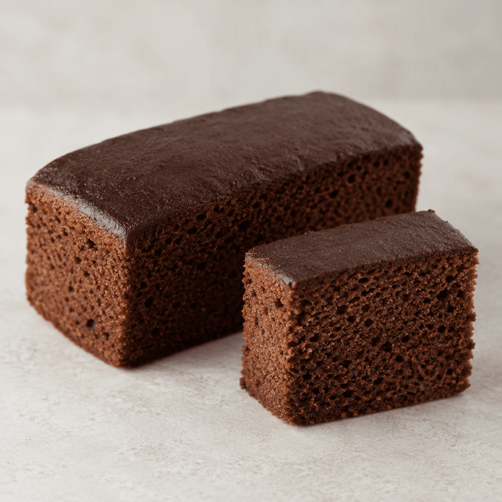 A small, dark-brown rectangular cocoa cake with a soft, finely porous crumb and a smooth, darker chocolate-colored top, shown whole beside a cut piece.
