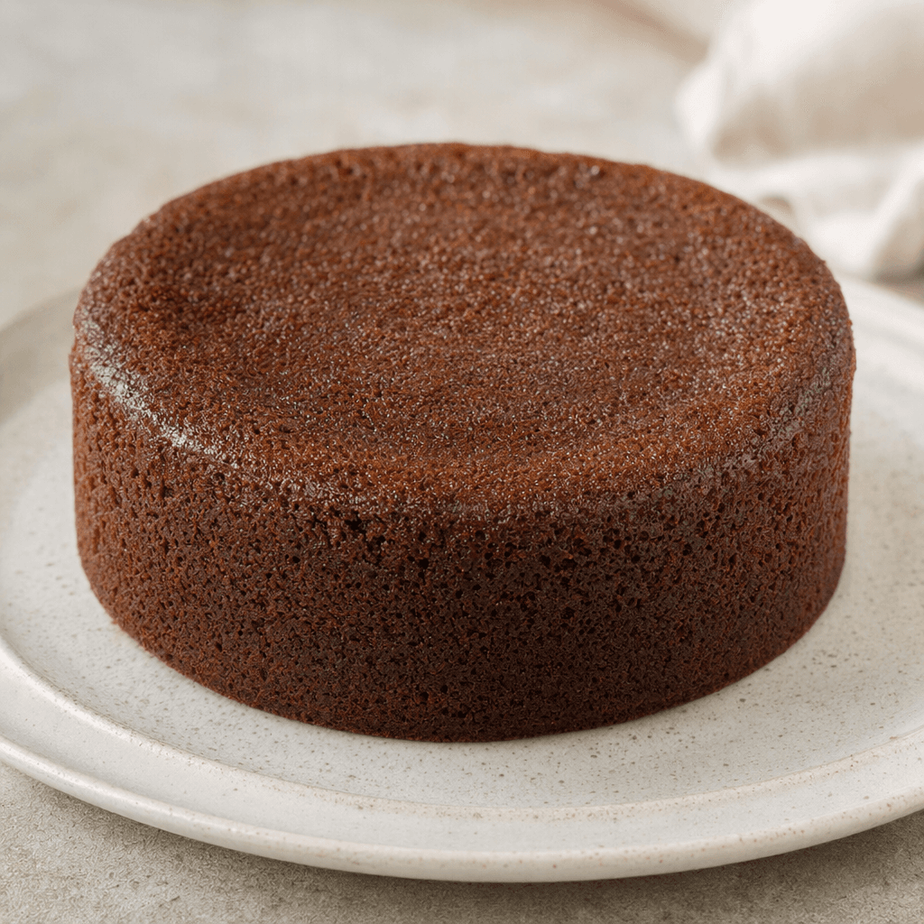 A small, round, dark-brown cocoa cake with a soft, fine-textured crumb, served on a plate.