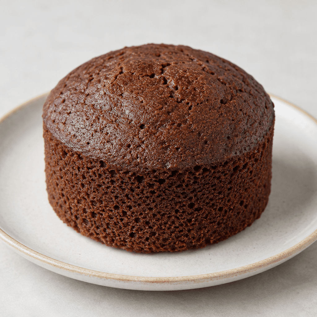 A small, round cocoa cake with a gently domed top, deep brown surface, and fine, slightly porous crumb, served on a plate.