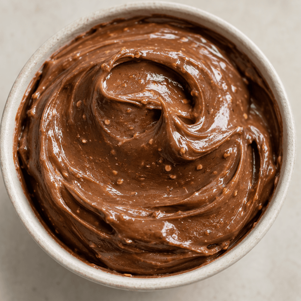 A thick, smooth, glossy chocolate-brown spread with a soft, spoonable texture, shaped into rounded swirls and showing a few tiny hazelnut specks.