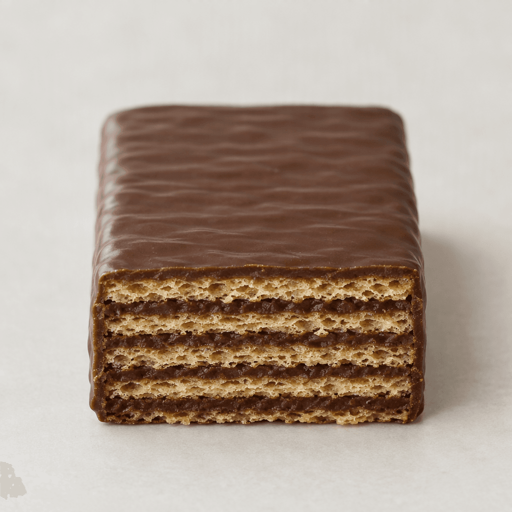 A rectangular wafer bar with multiple thin, crisp golden-brown layers and dark chocolate cream between them, covered in a smooth dark-brown chocolate coating with clean straight edges.