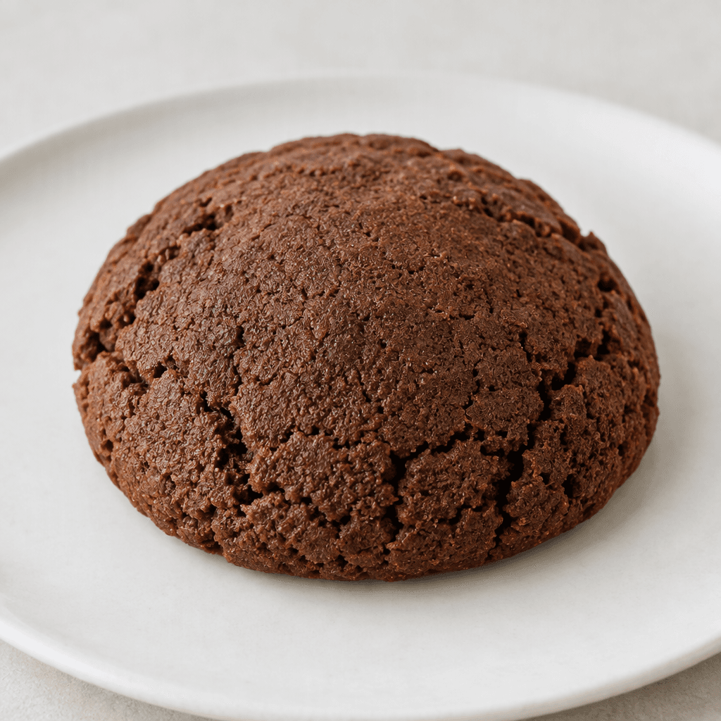 A round, slightly domed cocoa cookie with a deep brown matte surface, fine cracks around the edges, and a crumbly texture, served on a plain plate.