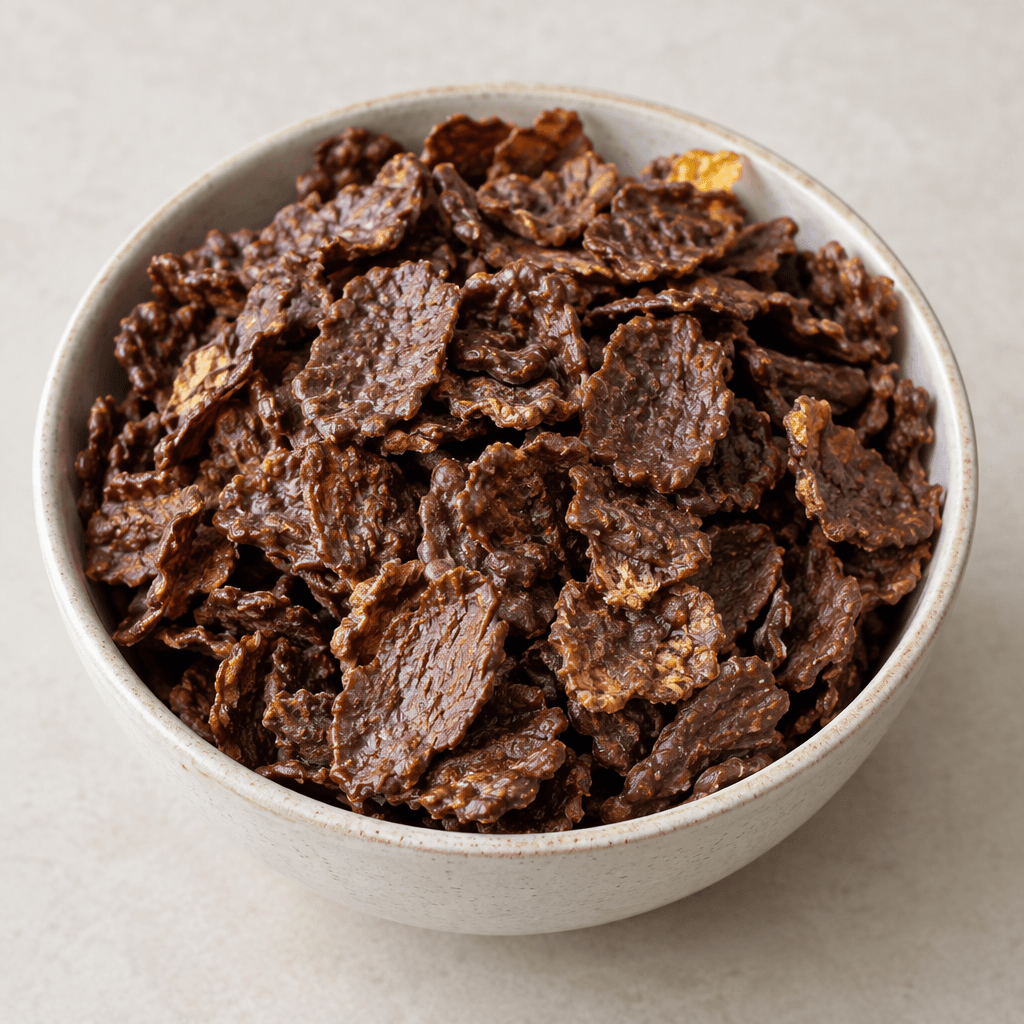 Thin, irregularly shaped corn flakes coated in dark brown chocolate, with a lightly ridged, crisp-looking surface and scattered pieces served in a bowl.