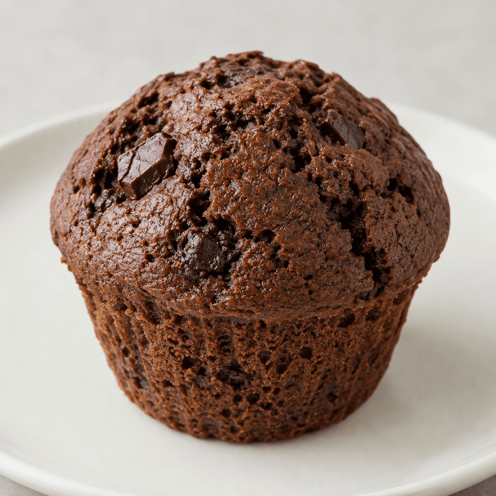 A single round chocolate muffin with a domed, deeply cracked dark-brown top, a few darker chocolate pieces visible in the crumb, and a moist-looking, fine-textured interior, served on a plain light-coloured plate.
