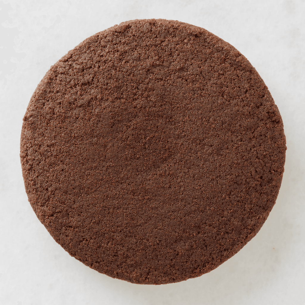 A flat, round, dark-brown cocoa biscuit with a dry, finely textured surface and slightly uneven edges.