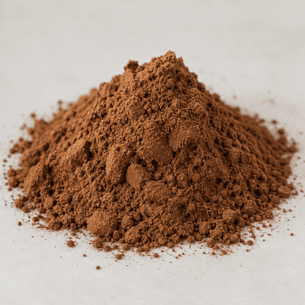 Fine, loose chocolate-brown powder with a soft, dry, slightly clumped texture, gathered in a small mound on a plain surface.