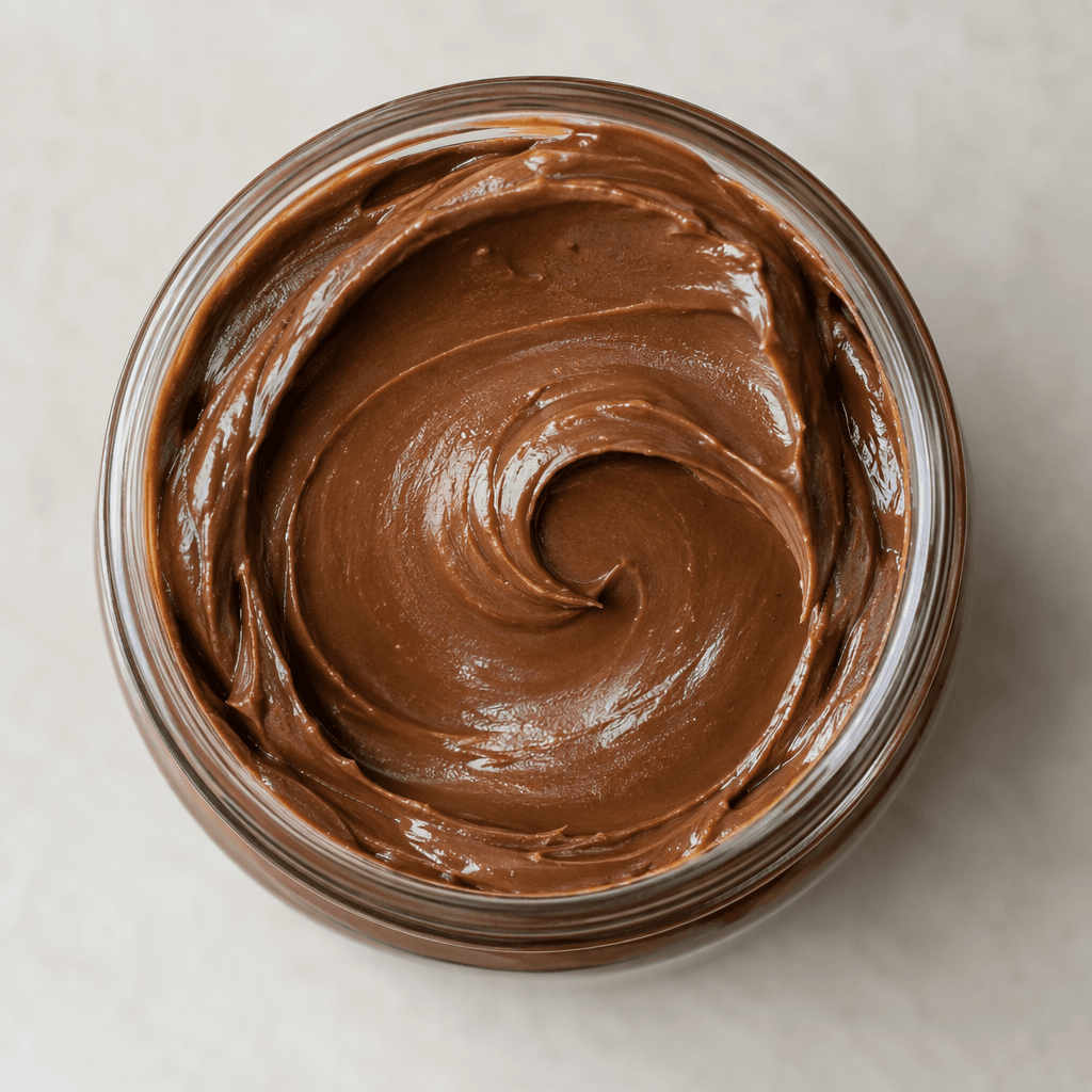 A thick, smooth, deep-brown hazelnut spread with a gentle sheen and soft swirls across its surface.