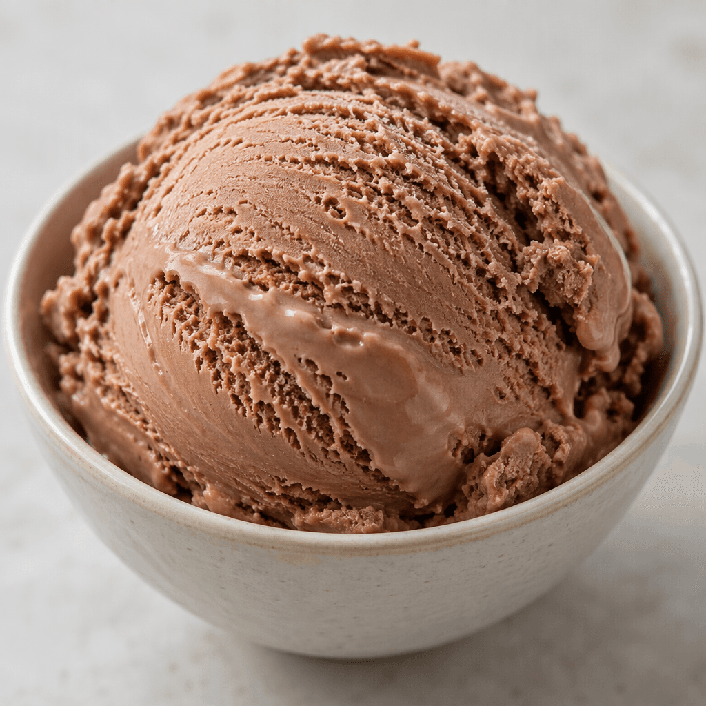A smooth, creamy light-brown scoop of chocolate milk ice cream sits in a small bowl, with soft ridges and a slightly glossy surface.
