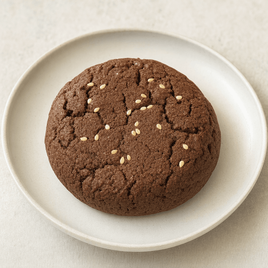 A thick, round cocoa-brown cookie with a lightly cracked surface and a few pale sesame seeds, served on a small plate.