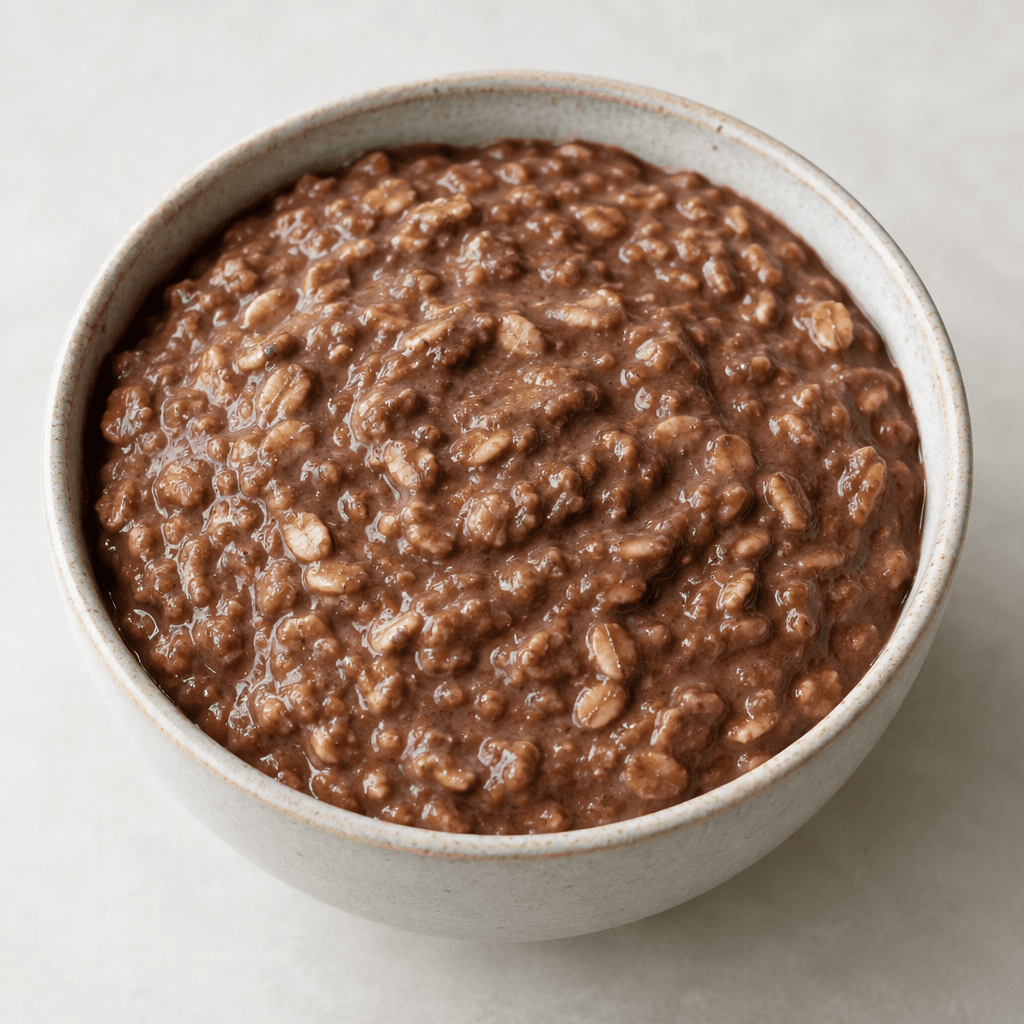 A bowl of thick, creamy cocoa-brown oatmeal with visibly softened oat flakes and a smooth, slightly textured surface.