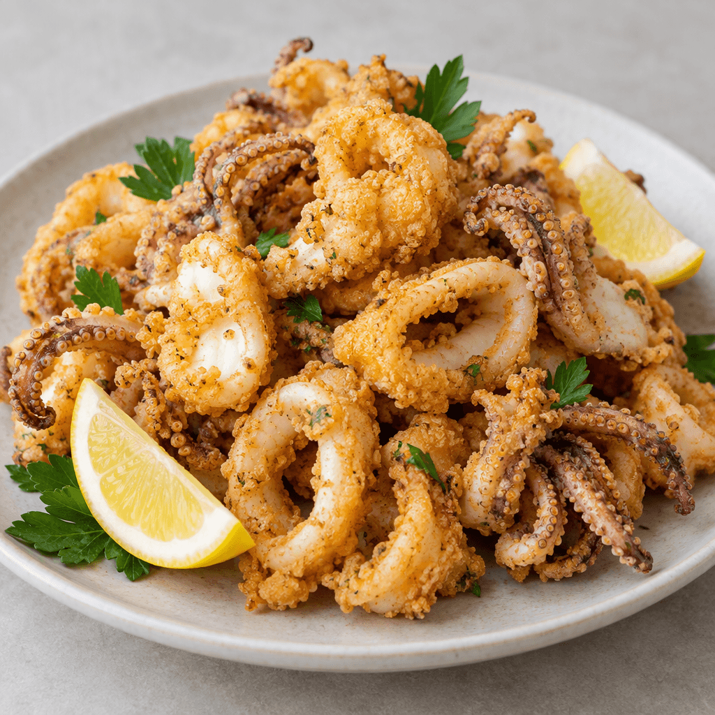 Golden-brown battered calamari rings and a few tentacles with crisp, craggy coating are piled on a plate, with pale white seafood visible where the coating is thinner and small lemon wedges and green herb leaves arranged alongside.