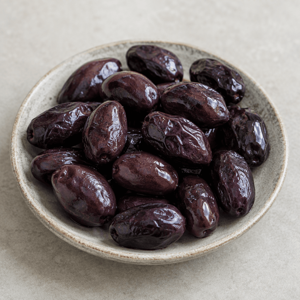 Deep purple to nearly black, elongated oval olives with glossy, slightly wrinkled skins are gathered on a small plate.